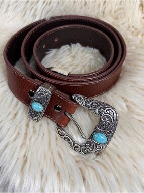 Ariat Brown Leather Belt with Turquoise Accent Buckle
